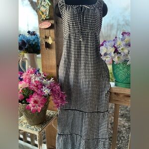 Cynthia Rowley Peasant Gingham Maxi Dress Linen Mix Black & White Side Pockets L